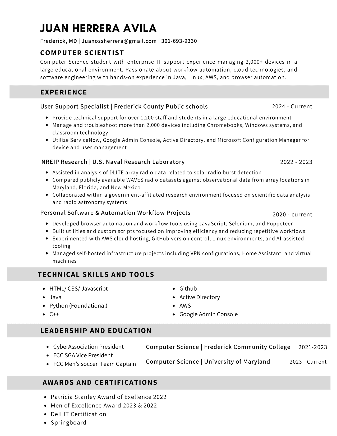Preview of Juan Herrera's resume